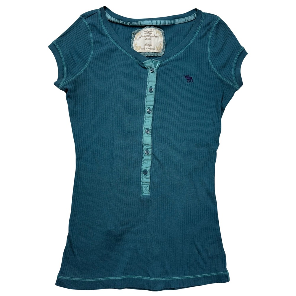 VTG Y2K Abercrombie & Fitch Henley Ribbed Short Sleeve Top Teal Fitted YOUTH L